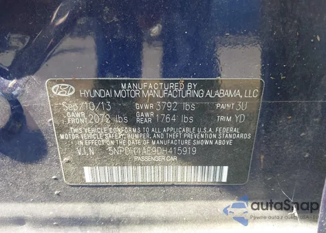 2013 Hyundai Elantra Limited from USA, damaged, VIN 5NPDH4AE9DH415919